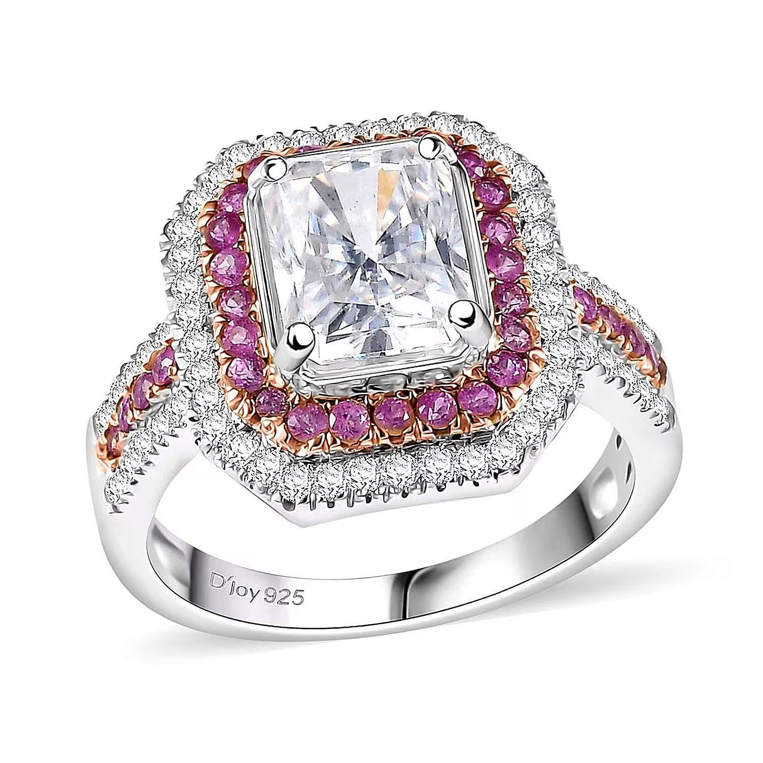D'Joy Moissanite and Madagascar Pink Sapphire 3.50 ctw Ring in Rhodium Over Sterling Silver (Size 8.0)