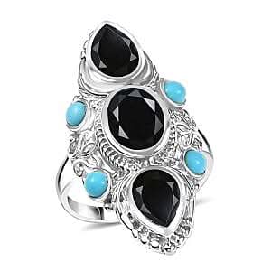 Karis Thai Black Spinel and Sleeping Beauty Turquoise 5.70 ctw Ring in Platinum Bond (Size 10.0)