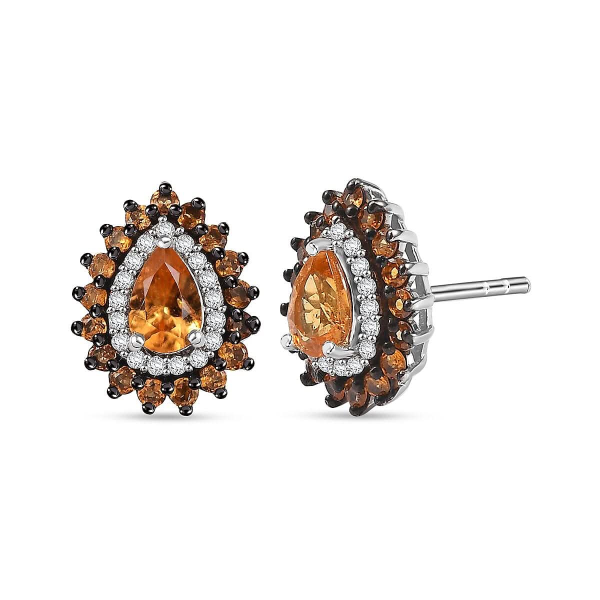 D'Joy Tanzanian Mandarin Garnet and Moissanite 2.10 ctw Fire Drop Stud Earrings in Rhodium Over Sterling Silver