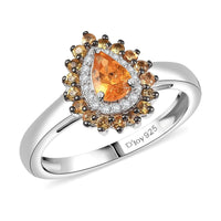 D'Joy Tanzanian Mandarin Garnet and Moissanite 1.05 ctw Ring in Rhodium Over Sterling Silver