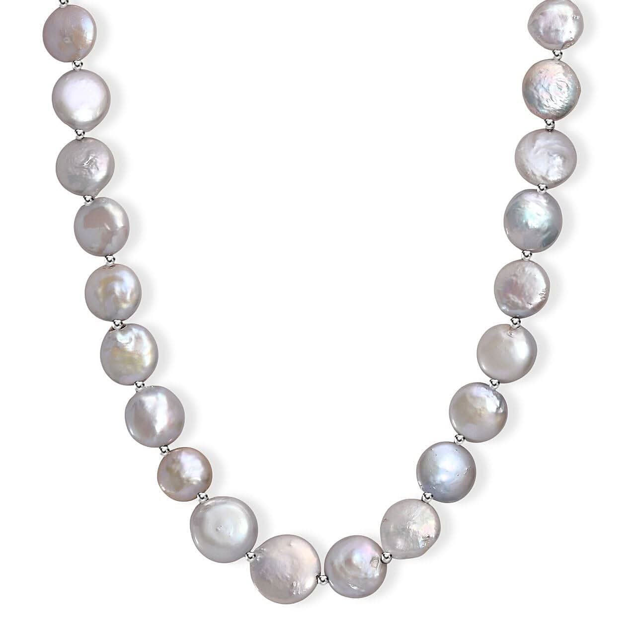 White Freshwater Coin Pearl Necklace in Rhodium Over Sterling Silver 18 Inches