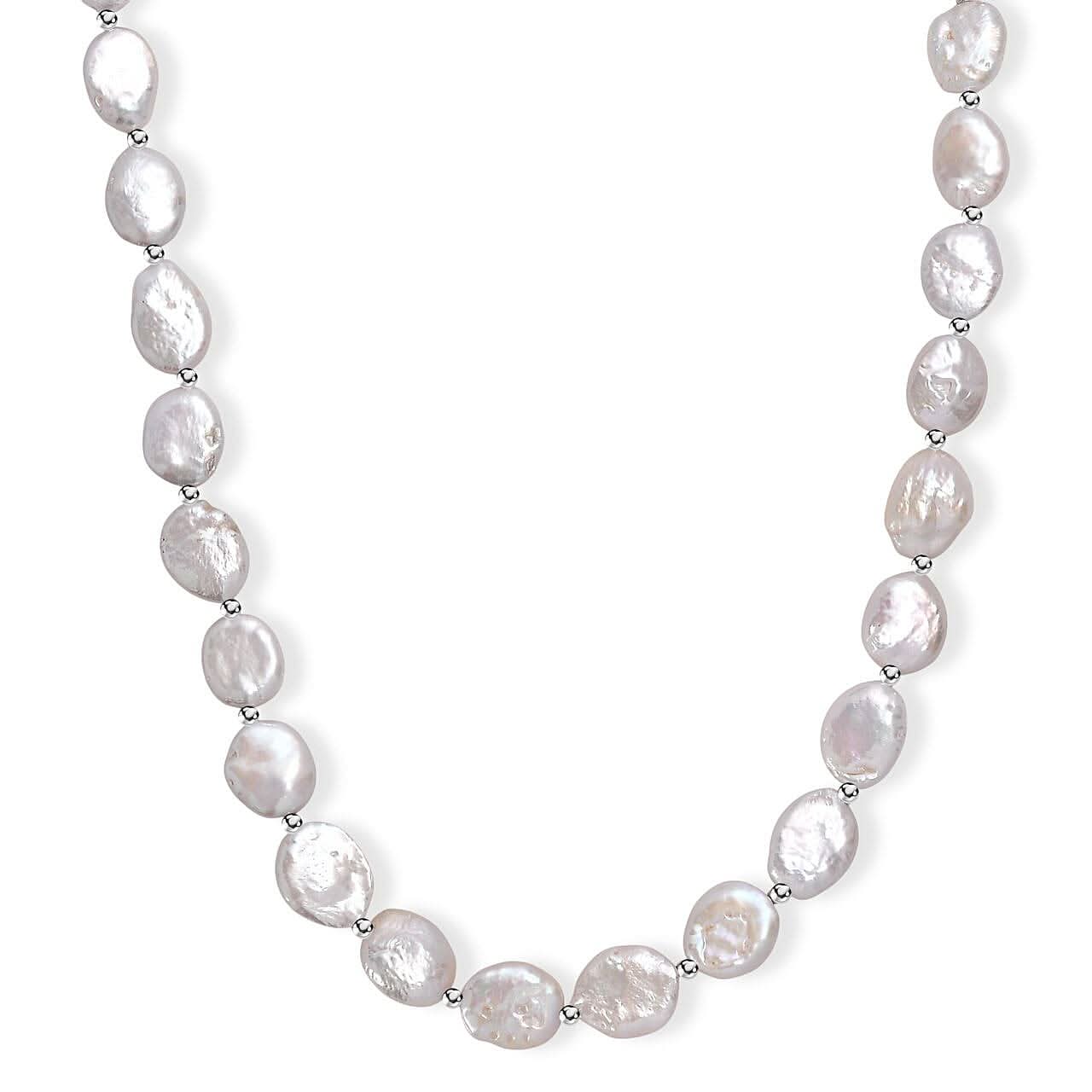 White Freshwater Pearl Oval Shape Necklace in Rhodium Over Sterling Silver 18 Inches