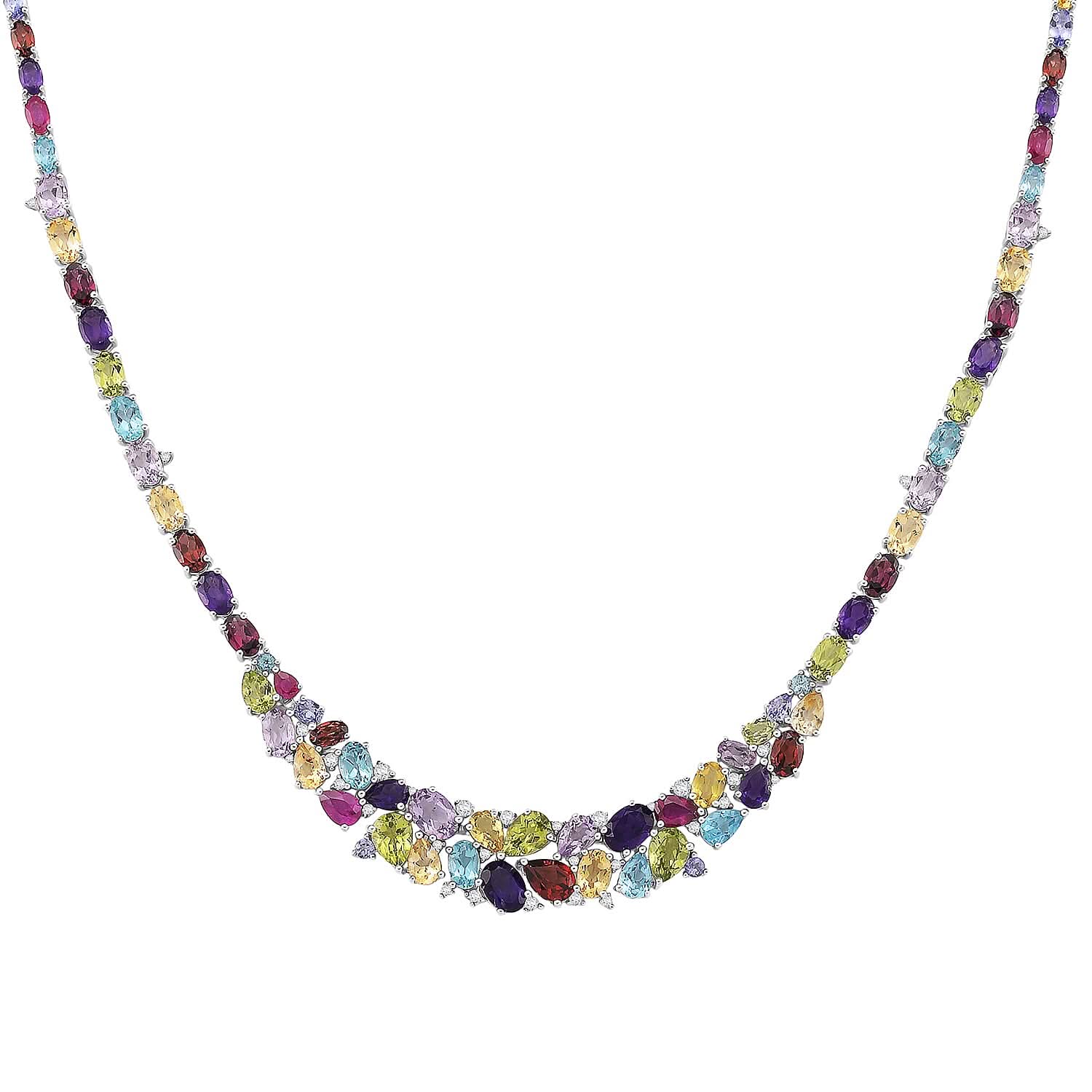 D'Joy Multi Gemstone Necklace in Rhodium Over Sterling Silver 36.35 ctw (18 Inches)
