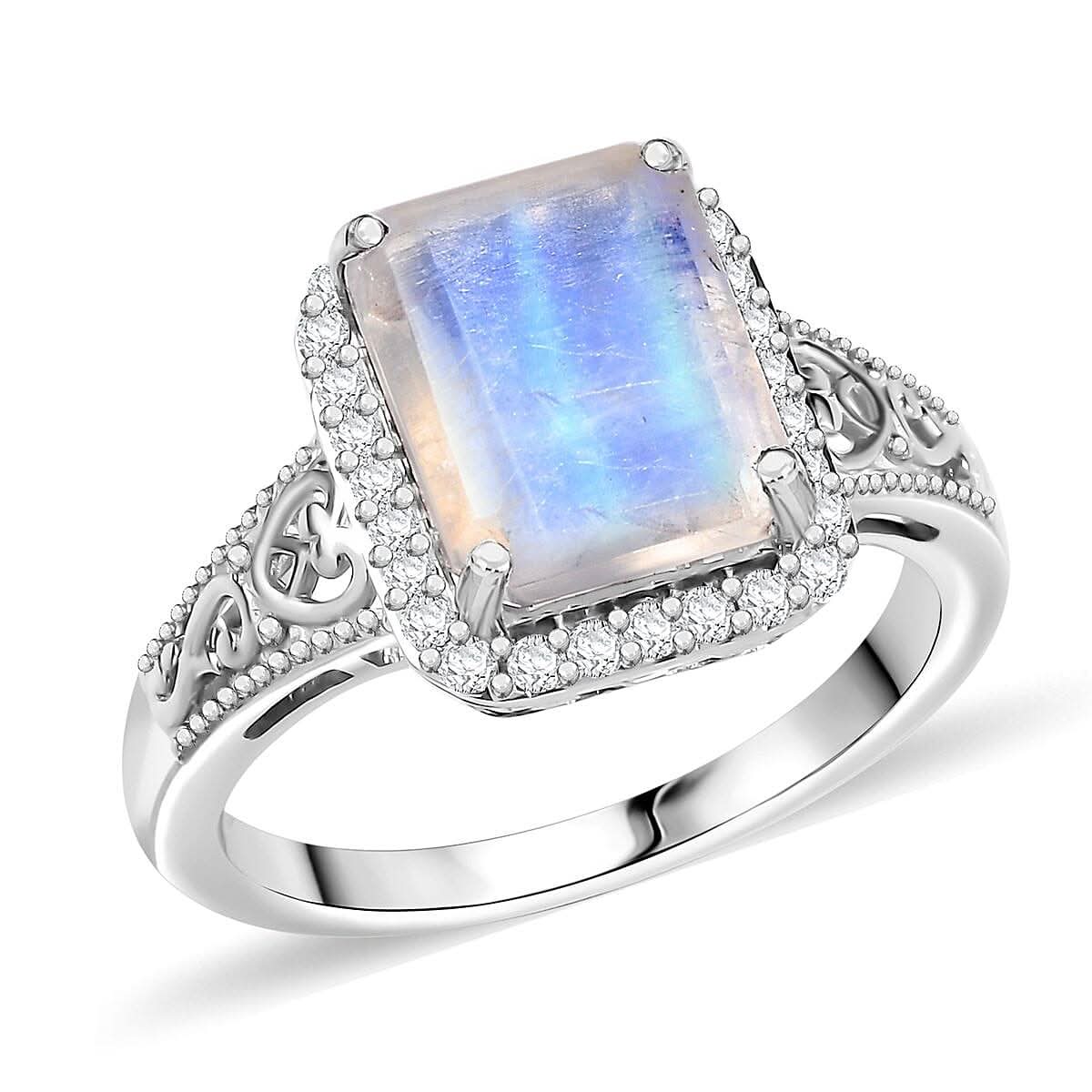 D'Joy Moon Glow Moonstone and White Zircon 3.90 ctw Ring in Platinum Over Sterling Silver (Size 10.0)