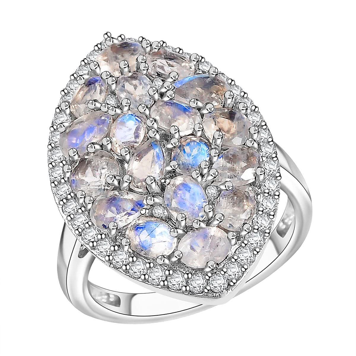 Karis Moon Glow Moonstone and White Zircon 4.10 ctw Galaxy Ring in Platinum Bond
