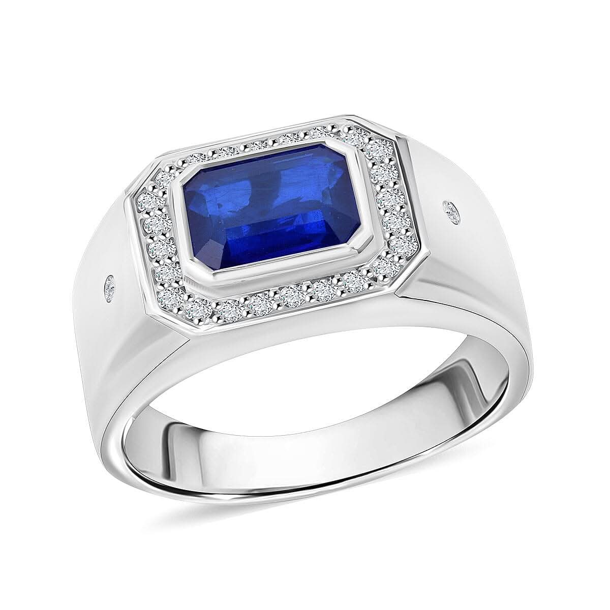 Premium Tanzanian Blue Spinel (DF), Moissanite Ring in Rhodium Over Sterling Silver (Size 10.0) 2.05 ctw