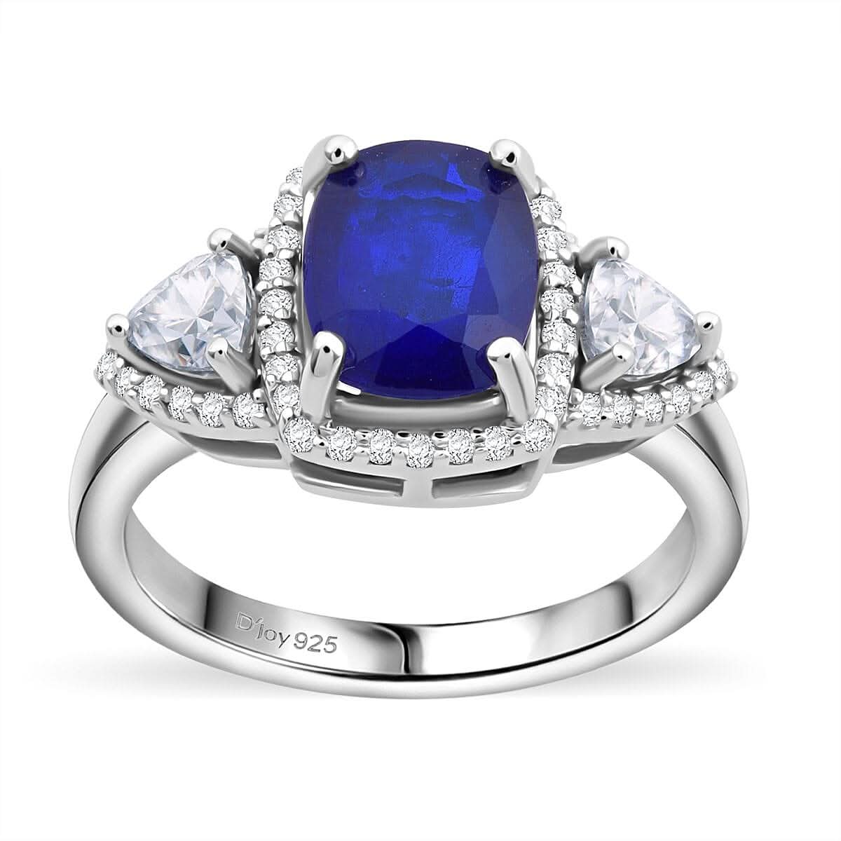 Premium Tanzanian Blue Spinel (DF), Moissanite Ring in Rhodium Over Sterling Silver (Size 10.0) 2.80 ctw