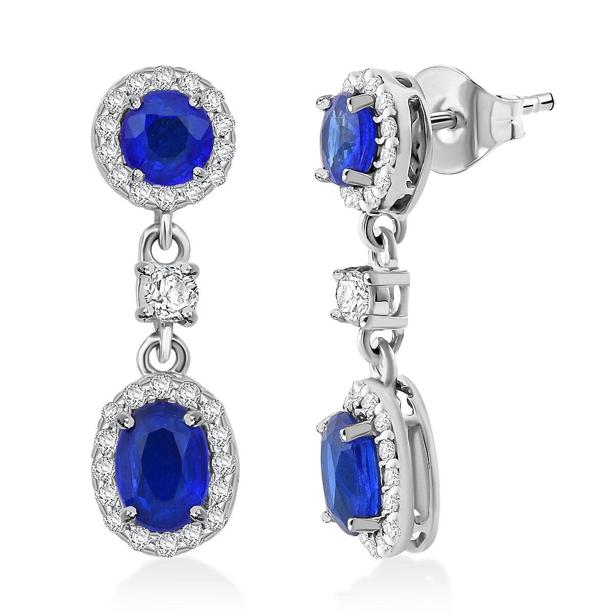 Tanzanian Blue Spinel (DF) and White Zircon 4.35 ctw Dangle Earrings in Rhodium Over Sterling Silver
