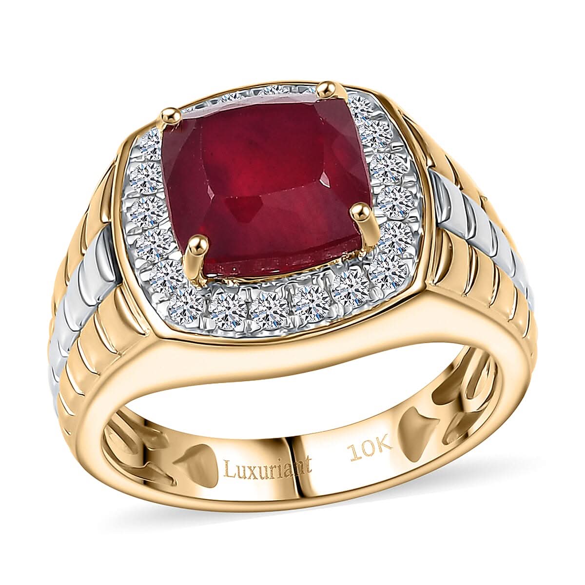 10K Yellow Gold AAA Niassa Ruby (FF), Luxuriant Lab Grown Diamond (E-F, VS) Men's Ring (Size 10.0) 6.03 ctw