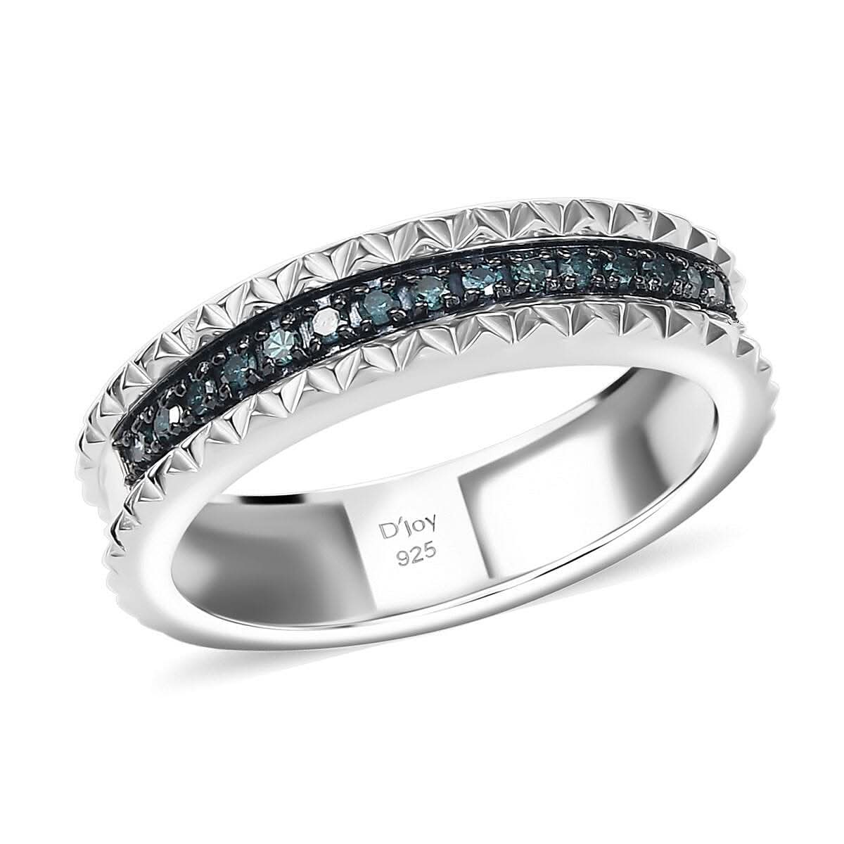 D'Joy Blue Diamond (IR) Ring in Rhodium Over Sterling Silver 0.15 ctw (Size 10.0) 0.15 ctw