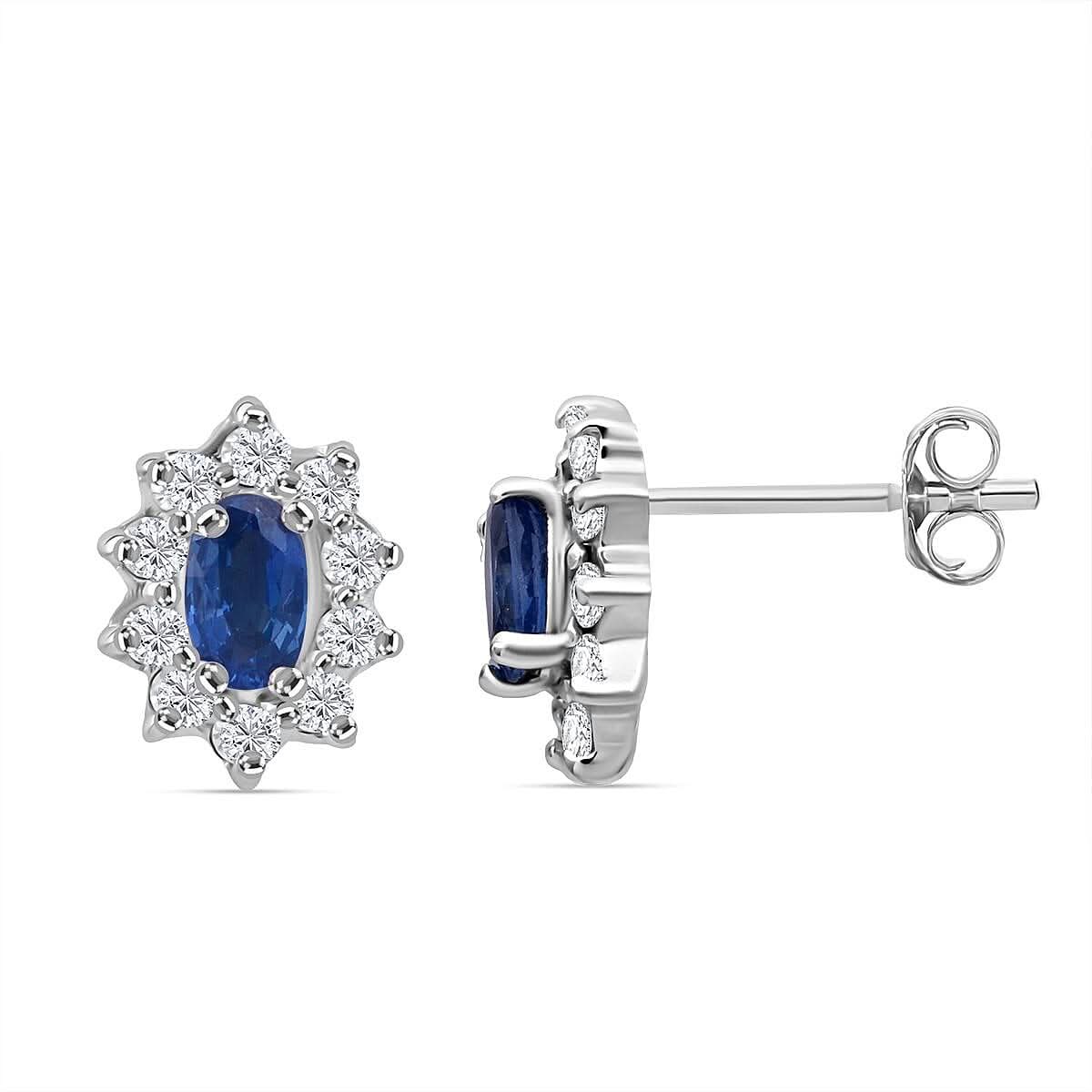 Premium Ceylon Blue Sapphire and Moissanite 0.90 ctwSunlit Sea Earrings in Rhodium Over Sterling Silver