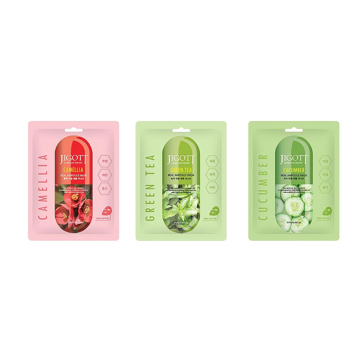 JIGOTT Real Ampoule Cotton Mask Soothing Collection- Cucumber, Camellia, & Green Tea (3x10 each)