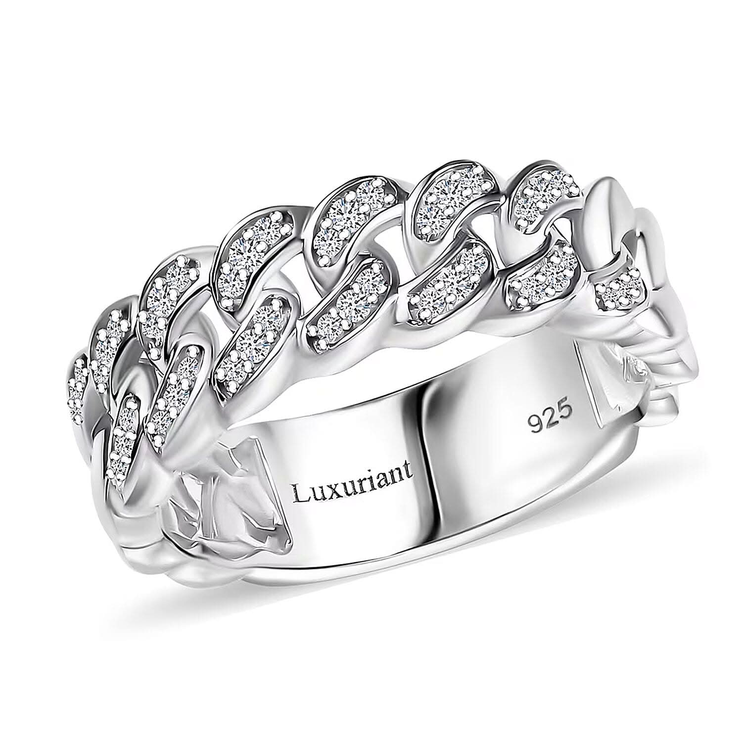 Luxuriant Lab Grown Diamond (G-H SI) Cuban Link Chain Ring in Rhodium Over Sterling Silver (Size 10.0) 0.25 ctw