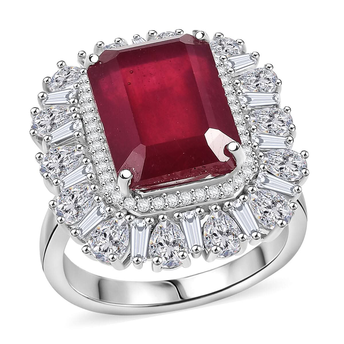 D'Joy Premium Niassa Ruby (FF) 10.0) and Moissanite 14.40 ctw Art Deco Ring in Rhodium Over Sterling Silver (Size 10.0)