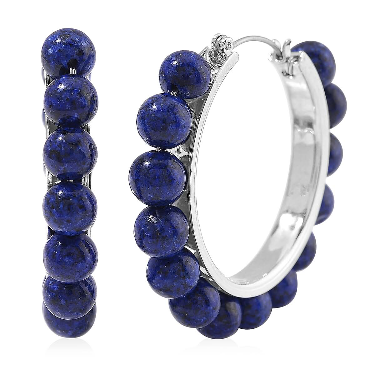 Lapis Lazuli Hoop Earrings in Silvertone 35.00 ctw