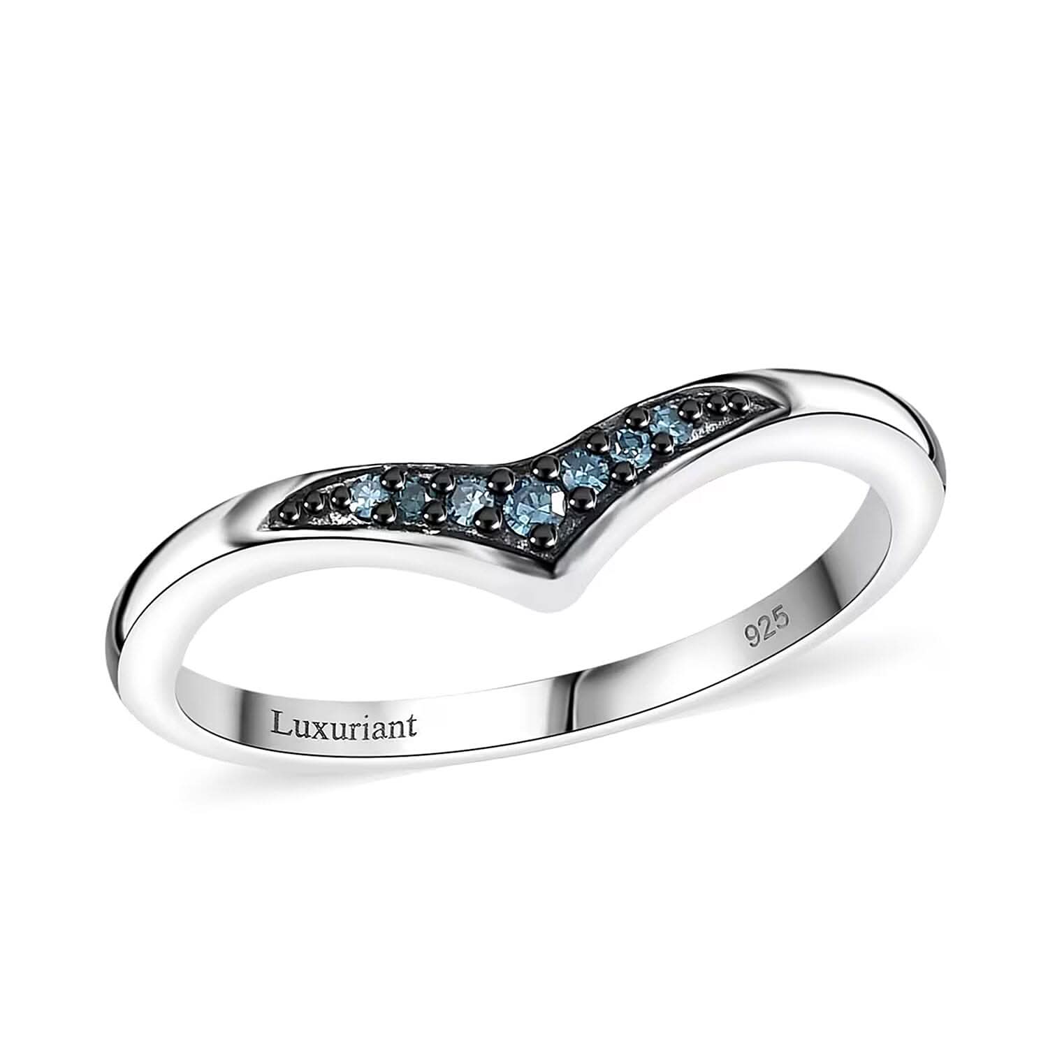 Luxuriant Lab Grown Blue Diamond (IR) 0.07 ctw Chevron Ring in Rhodium Over Sterling Silver (Size 10.0)
