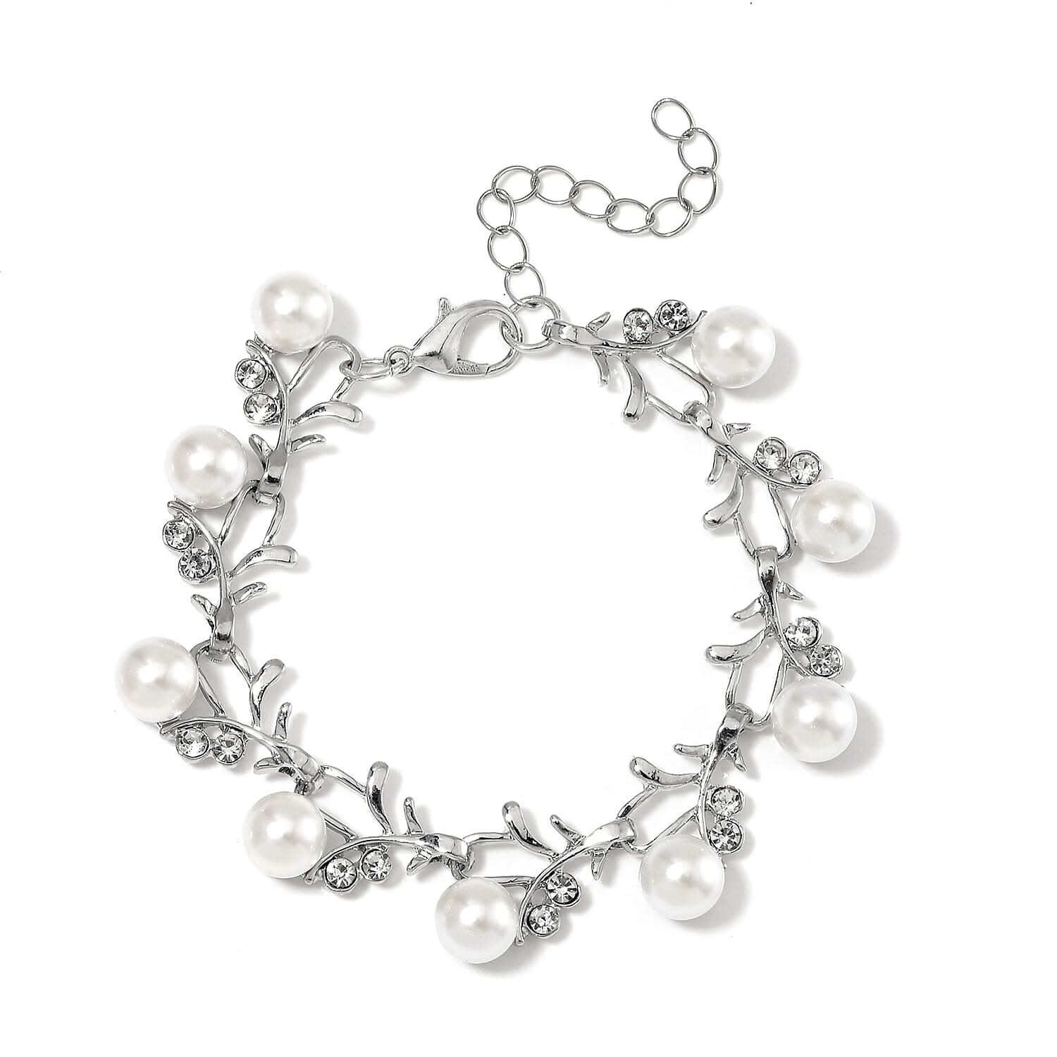 White Shell Pearl, Austrian Crystal Bracelet in Silvertone (6.50-8.50In)