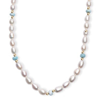White Freshwater Pearl and Larimar 10.00 ctw Necklace in 18K Vermeil Yellow Gold Over Sterling Silver 18 Inches
