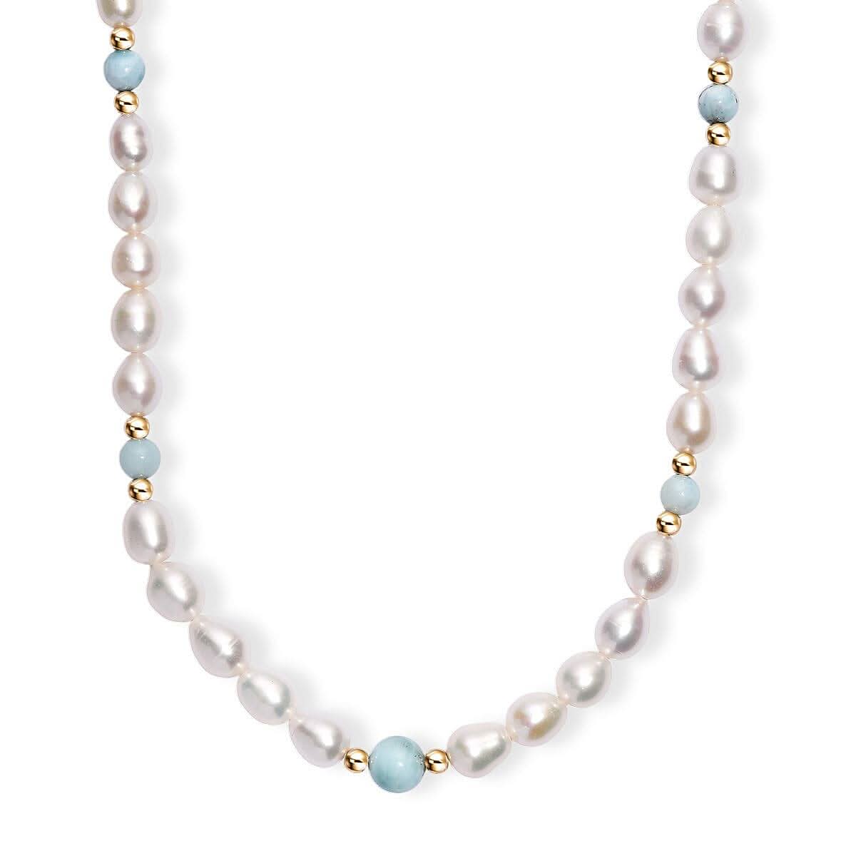 Freshwater Pearl and Larimar 8.00 ctw Necklace in 18K Vermeil Yellow Gold Over Sterling Silver 18 Inches