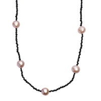 Freshwater Pearl and Thai Black Spinel 15.00 ctw Necklace in Rhodium Over Sterling Silver 24 Inches