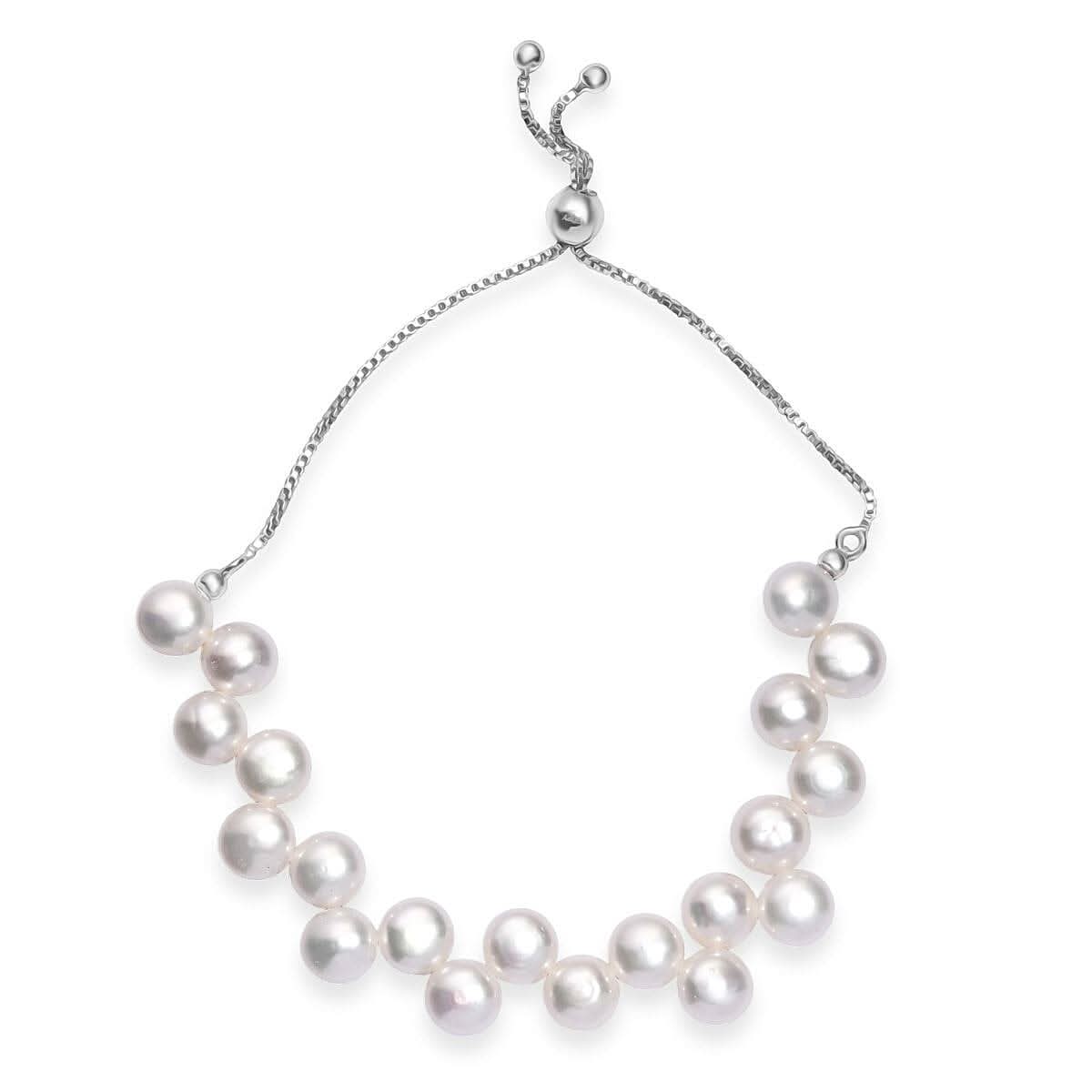 White Freshwater Pearl Bolo Dancing bubbles Bracelet in Rhodium Over Sterling Silver