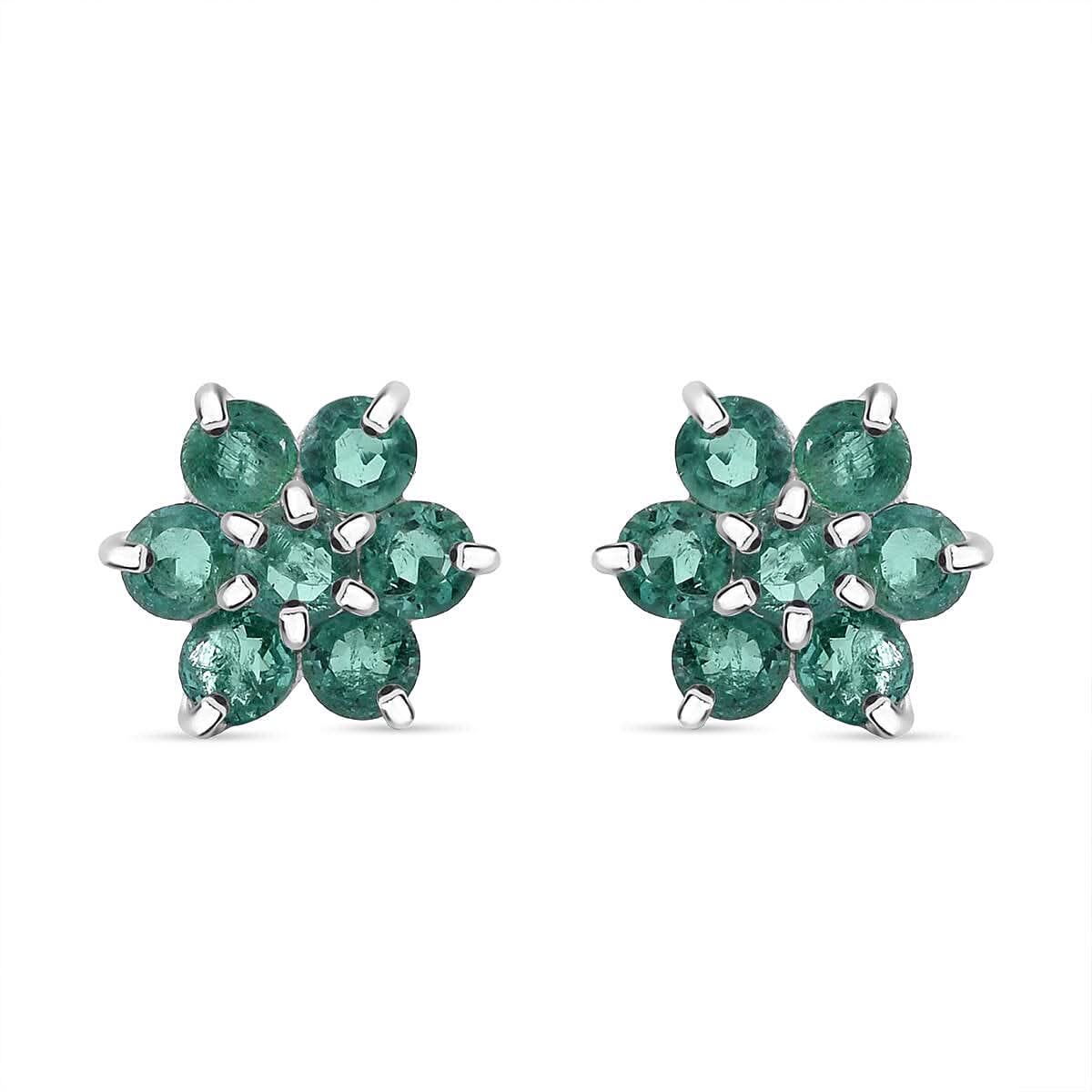 D'Joy AAA Kagem Zambian Emerald 1.00 ctw Floral Stud Earrings in Rhodium Over Sterling Silver