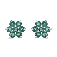 D'Joy AAA Kagem Zambian Emerald 1.00 ctw Floral Stud Earrings in Rhodium Over Sterling Silver