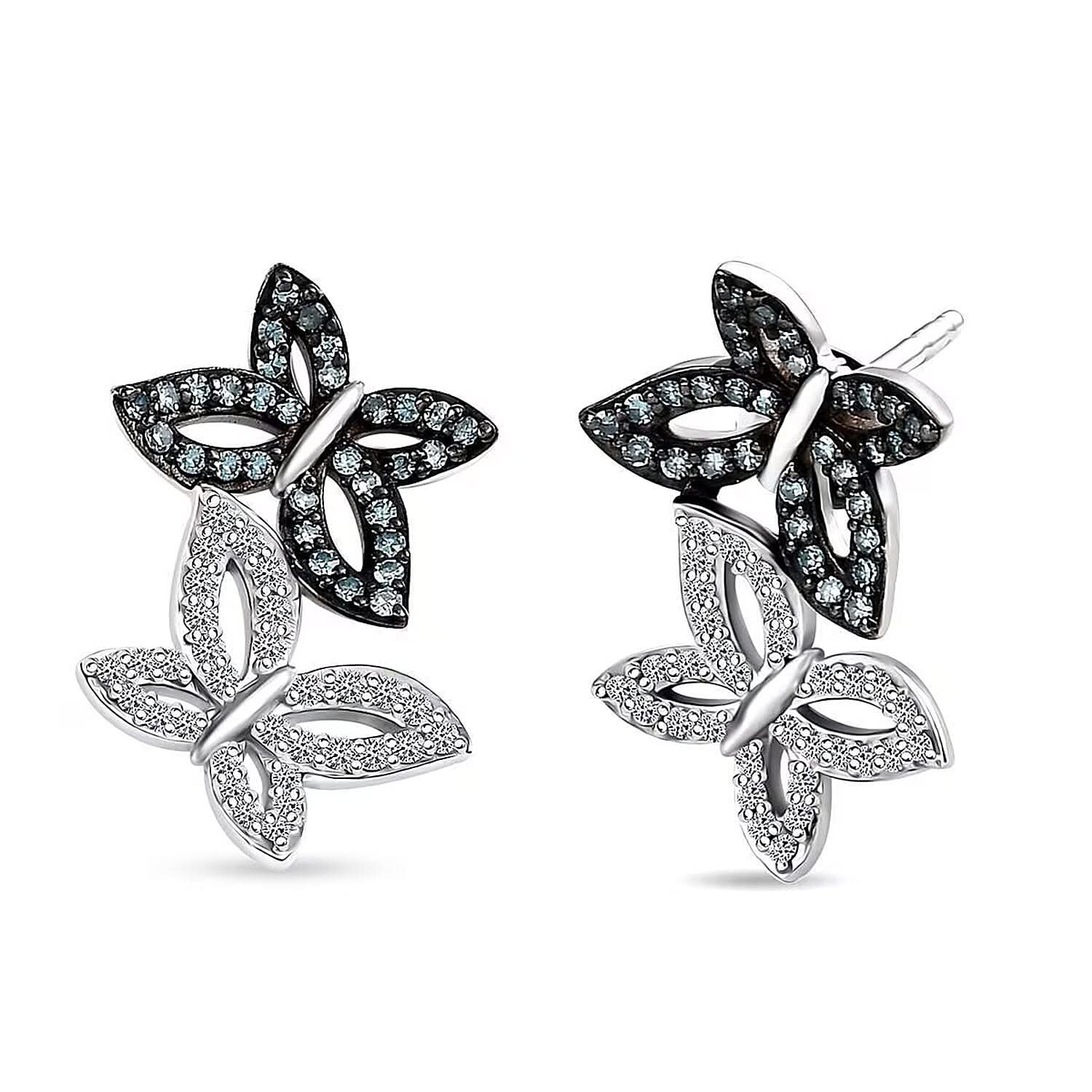 Luxuriant Lab Grown Blue Diamond (IR) and Lab Grown White Diamond SI 0.50 ctw Butterfly Stud Earrings in Rhodium Over Sterling Silver