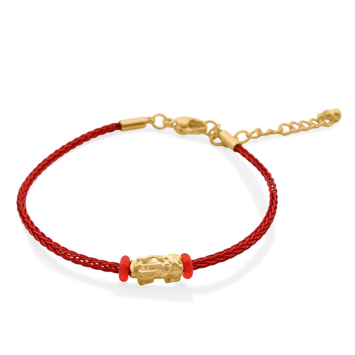 24 Yellow Gold Pixiu Charm Bracelet in Cord and Goldtone (6.50-7.50In)