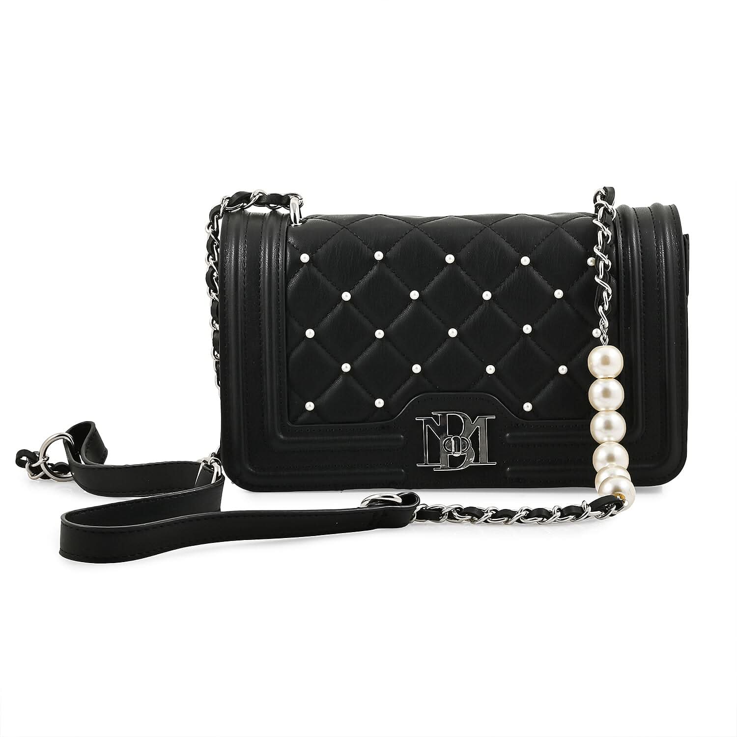 Badgley Mischka Black Quilted Vegan Leather Pearl Crossbody Bag (10x6x3.5)