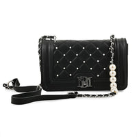 Badgley Mischka Black Quilted Vegan Leather Pearl Crossbody Bag (10x6x3.5)