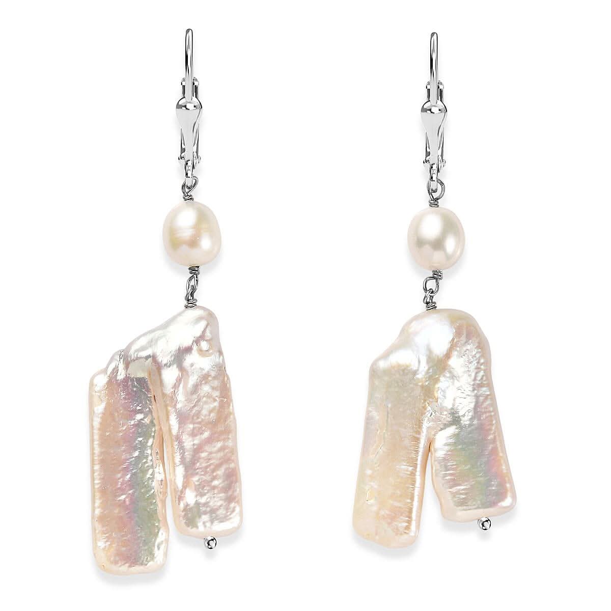 Freshwater Pearl Lever Back Earrings in Rhodium Over Sterling Silver