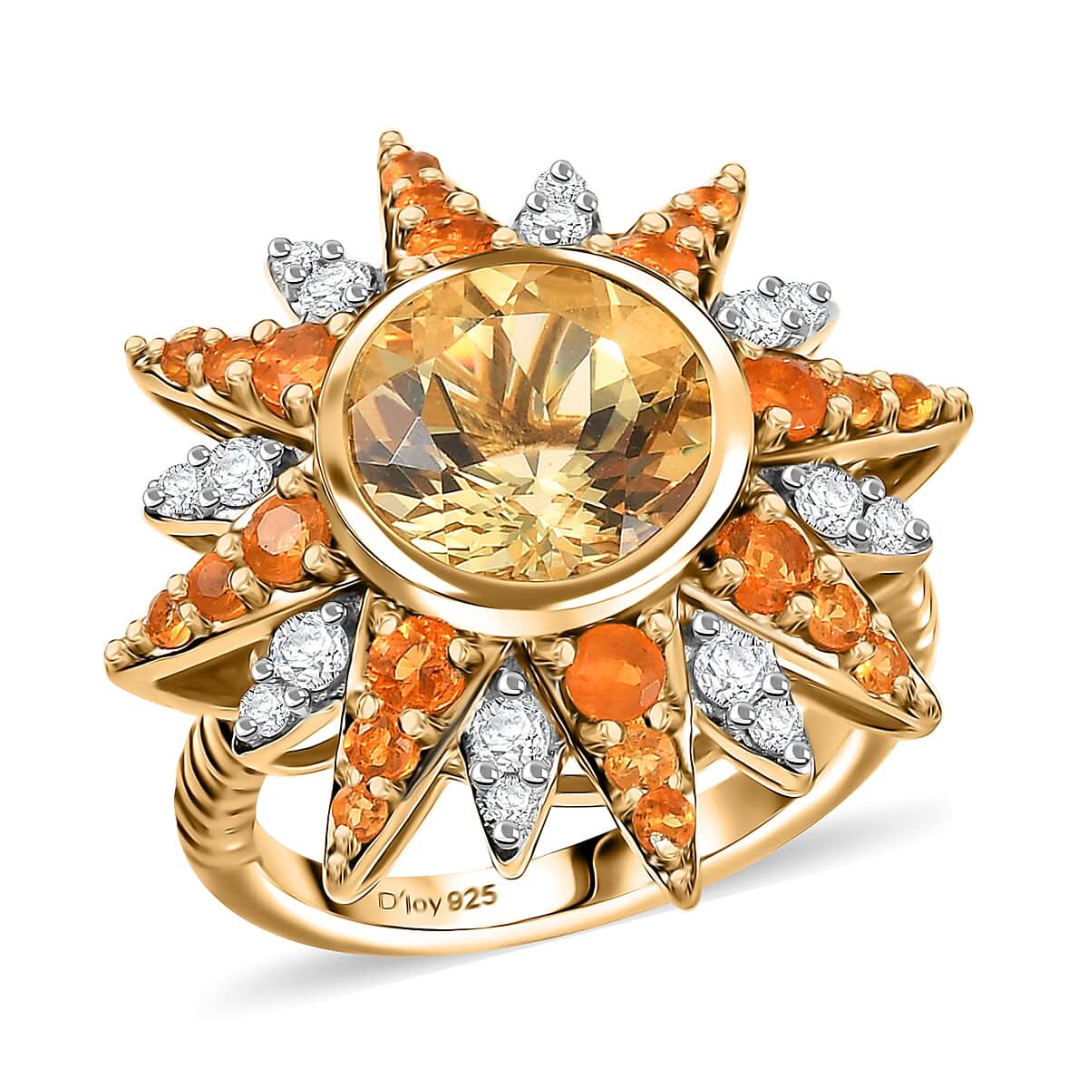 D'Joy Yellow Labradorite and Multi Gemstone 4.40 ctw Sunburst Ring in 18K Vermeil Yellow Gold Over Sterling Silver (Size 10.0)