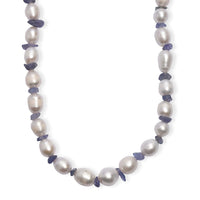 White Freshwater Pearl and Tanzanite 20 Ctw Moon Over Indigo Necklace 18 Inches in Rhodium Over Sterling Silver