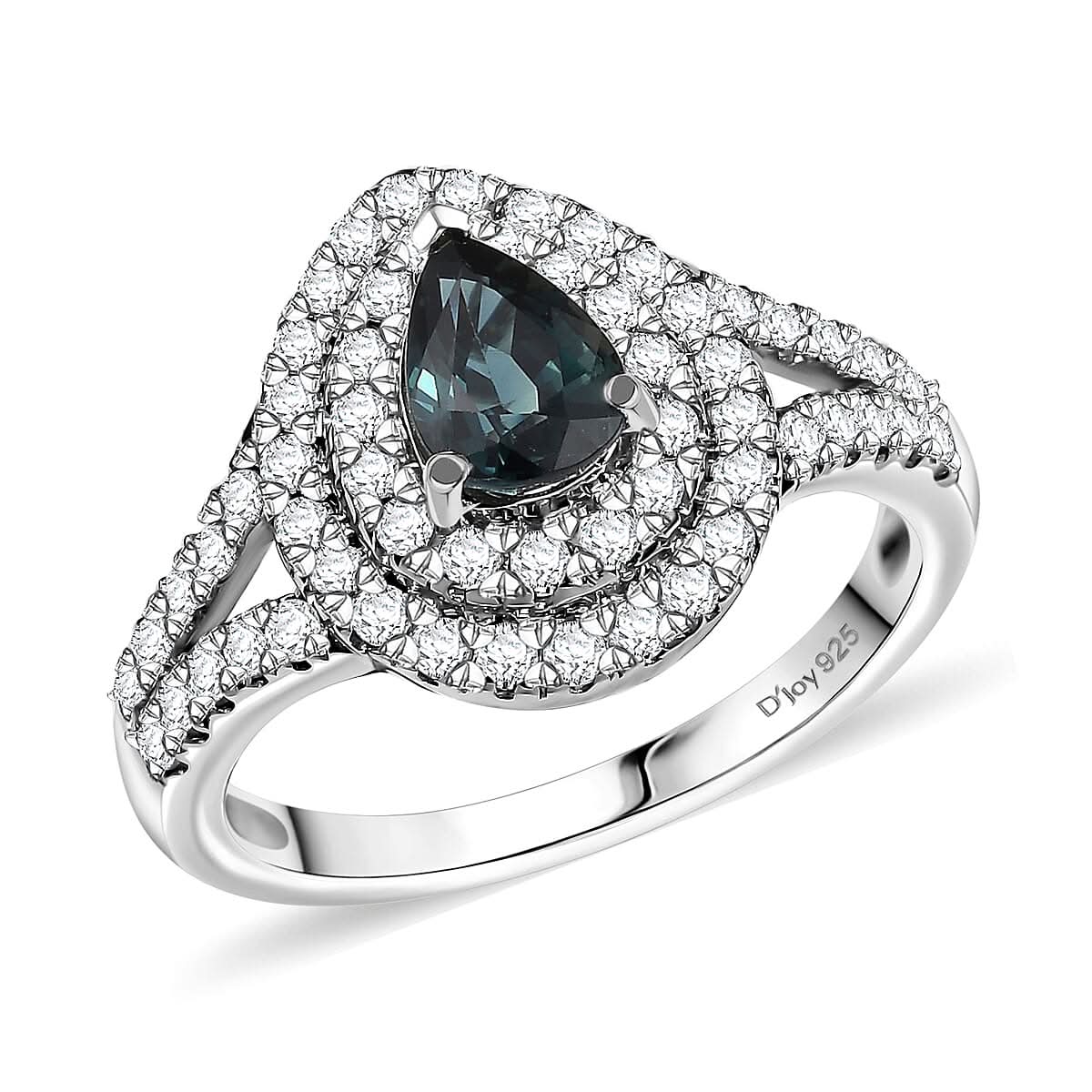 AAA Madagascar Teal Sapphire, Moissanite Ocean Empress Ring in Rhodium Over Sterling Silver (Size 10.0) 1.60 ctw
