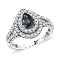 AAA Madagascar Teal Sapphire, Moissanite Ocean Empress Ring in Rhodium Over Sterling Silver (Size 10.0) 1.60 ctw