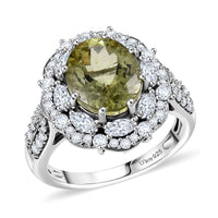 D'Joy Premium Yellow Apatite and Moissanite 5.10 ctw Ring in Rhodium Over Sterling Silver (Size 10.0)