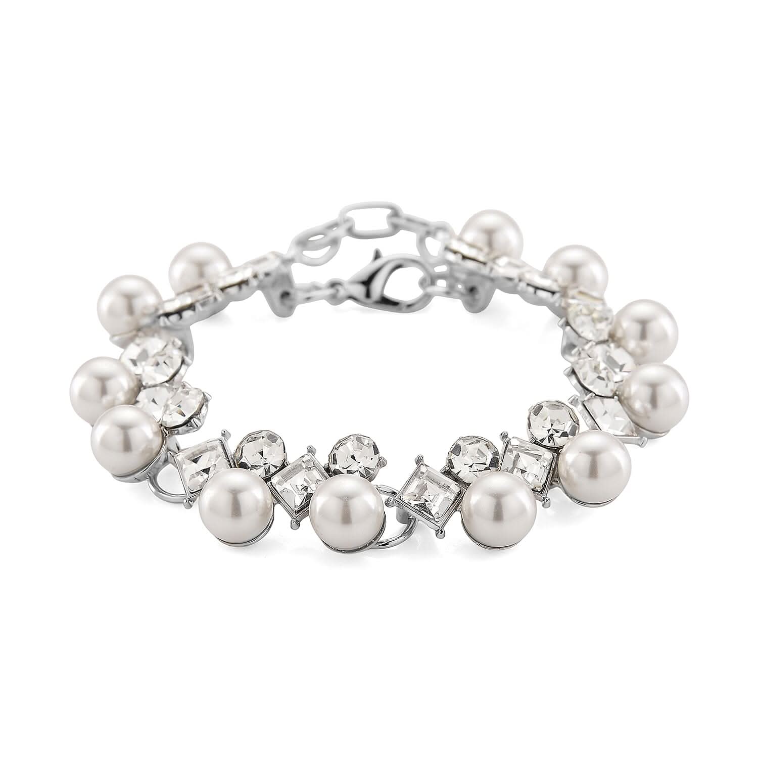 TLV White Shell Pearl and Austrian Crystal Bracelet in Silvertone (6.50-8.0In)