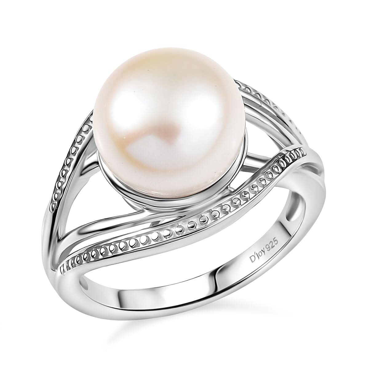 D'Joy Freshwater Pearl Split Shank Ring in Rhodium Over Sterling Silver