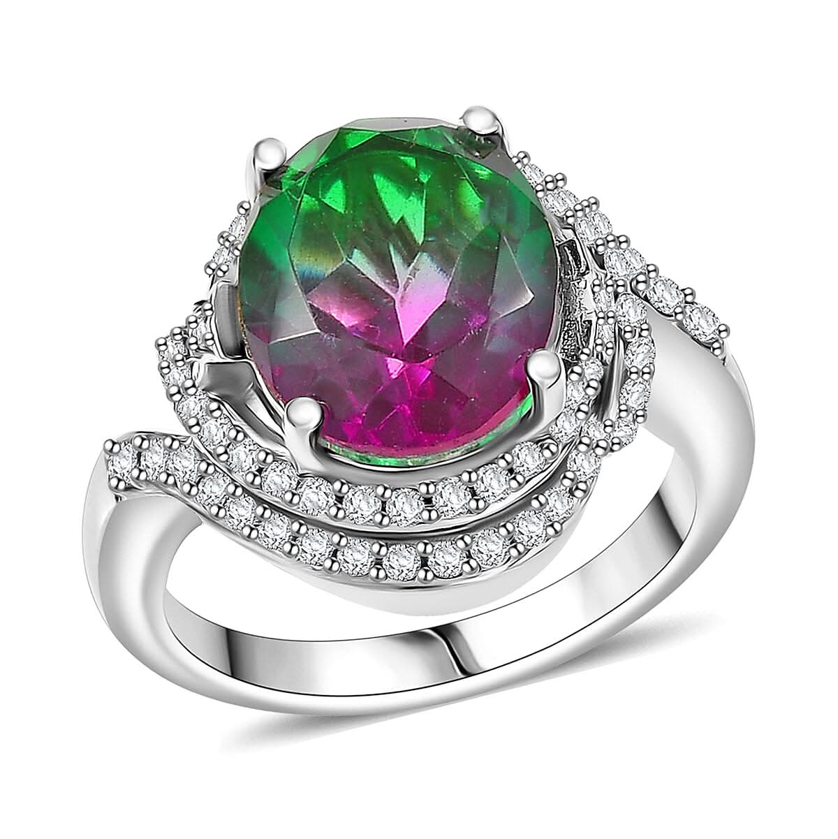 Ever True Watermelon Quartz, White Zircon Ring in Platinum Bond (Size 10.0) 6.10 ctw