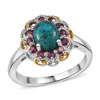 D'Joy Chrysocolla, Orissa Rose Garnet Ring in 14K YG and Platinum Over Sterling Silver (Size 10.0) 1.80 ctw