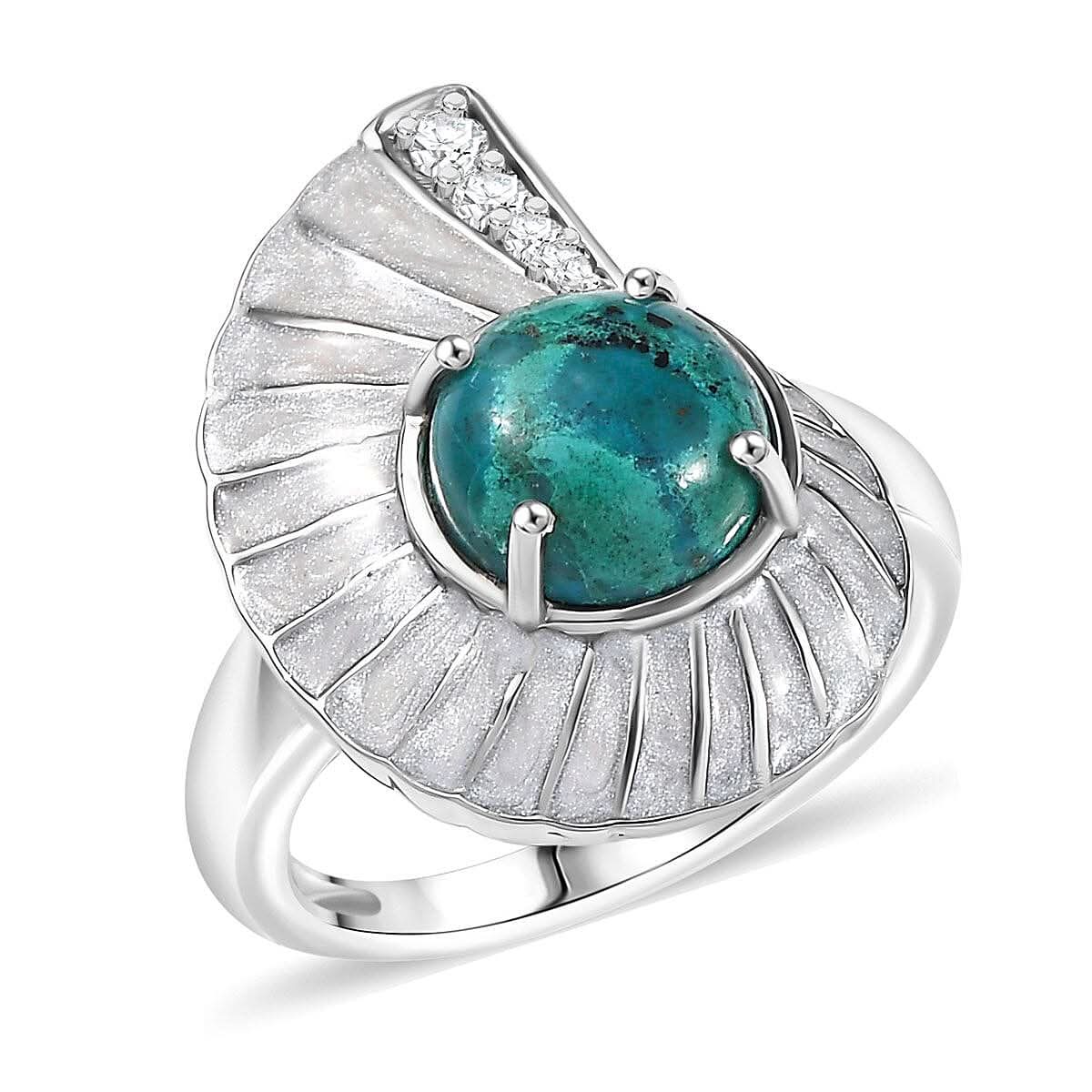D'Joy Chrysocolla and White Zircon 3.25 ctw Sea Shell Ring in Platinum Over Sterling Silver (Size 10.0)