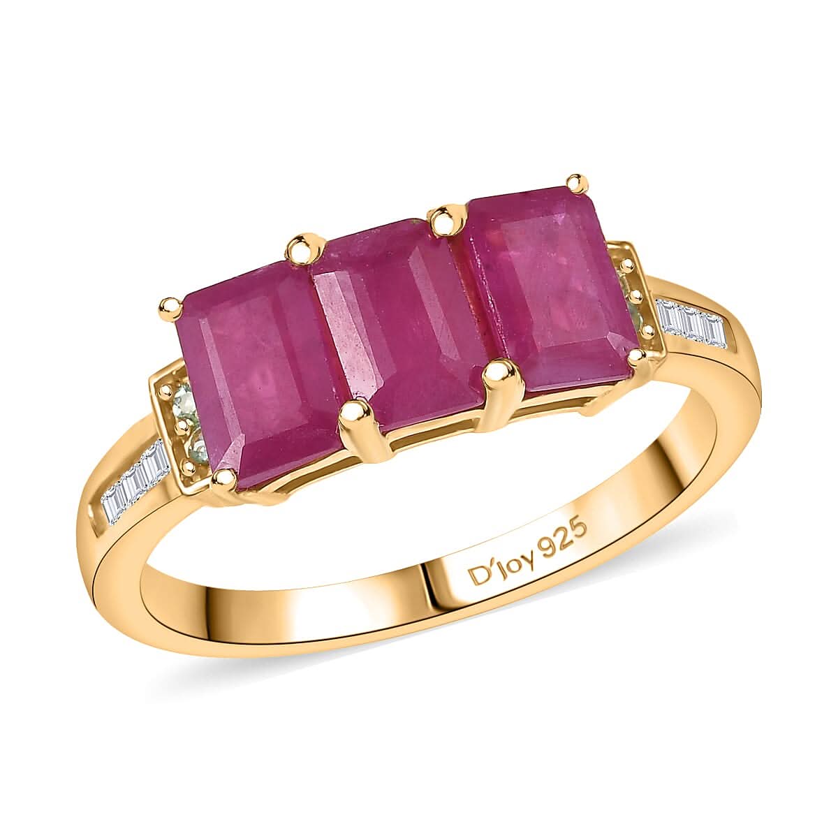 D'Joy AAA Royal Ruby, Paraiba Tourmaline and Diamond 2.40 ctw Trilogy Ring in 18K Vermeil Yellow Gold Over Sterling Silver