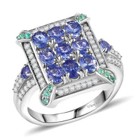 D’Joy Premium Tanzanite, Paraiba Tourmaline and Diamond 2.15 ctw 9 Planet Ring in Rhodium Over Sterling Silver