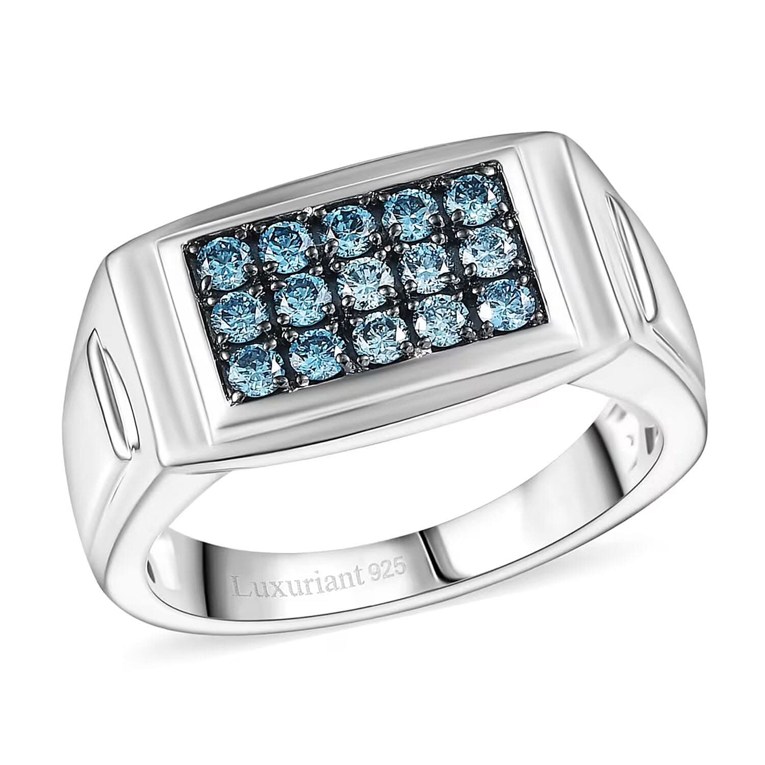 Luxuriant Lab Grown Blue Diamond Men's Ring in Rhodium Over Sterling Silver (Size 10.0) 0.50 ctw