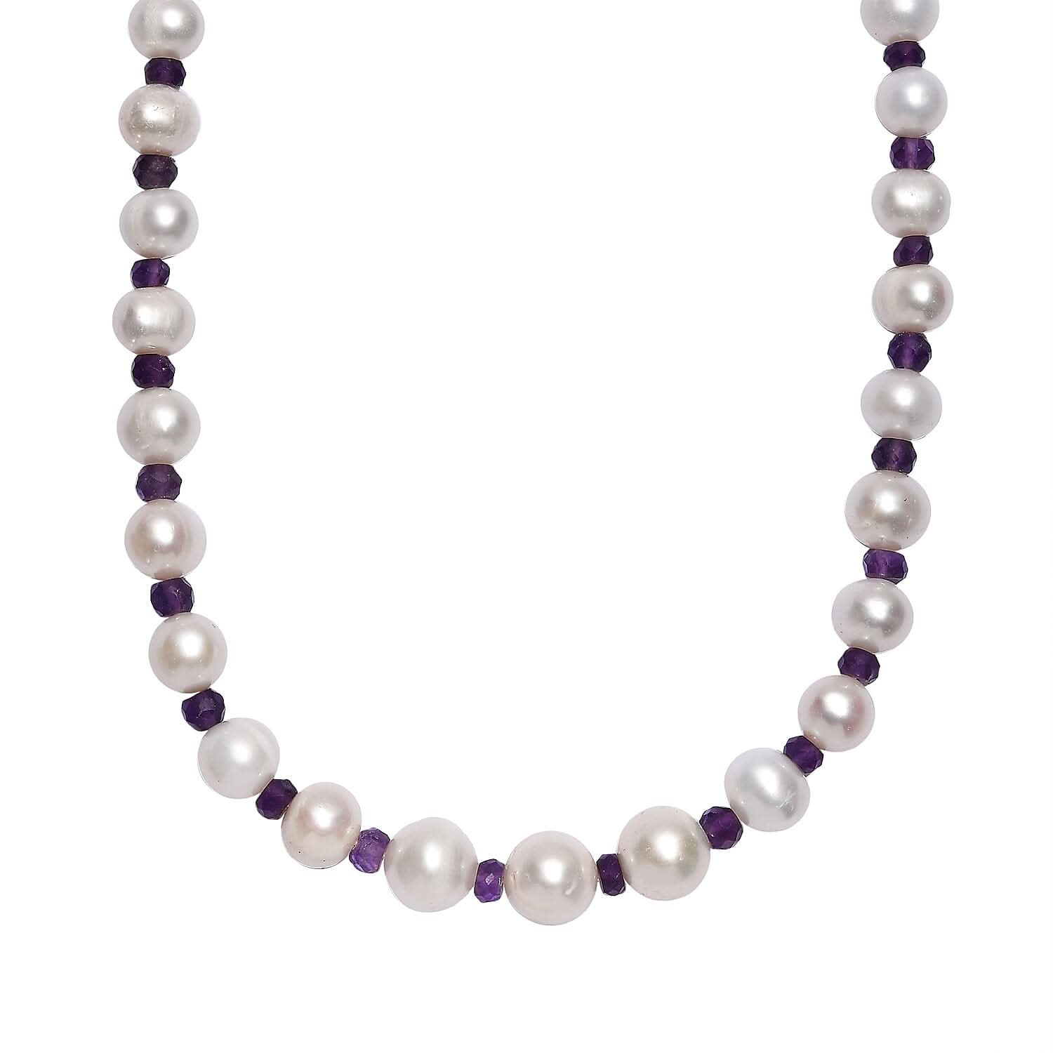 White Freshwater Pearl and African Amethyst 20 ctw Necklace 18 Inches in Rhodium Over Sterling Silver