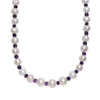 White Freshwater Pearl and African Amethyst 20 ctw Necklace 18 Inches in Rhodium Over Sterling Silver