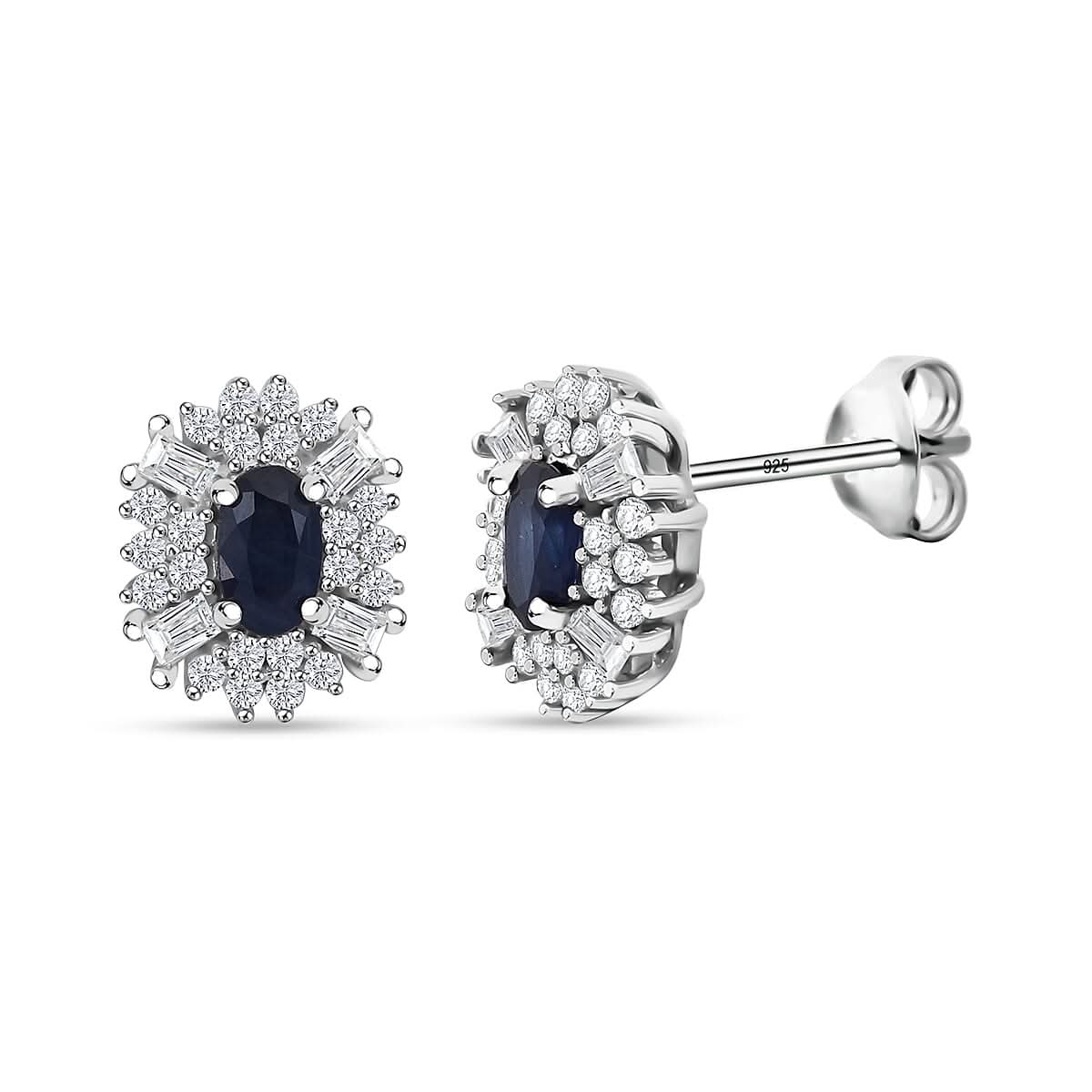 D'Joy Premium Kanchanaburi Blue Sapphire and Moissanite 1.00 ctw Midnight Halo Earrings in Rhodium Over Sterling Silver