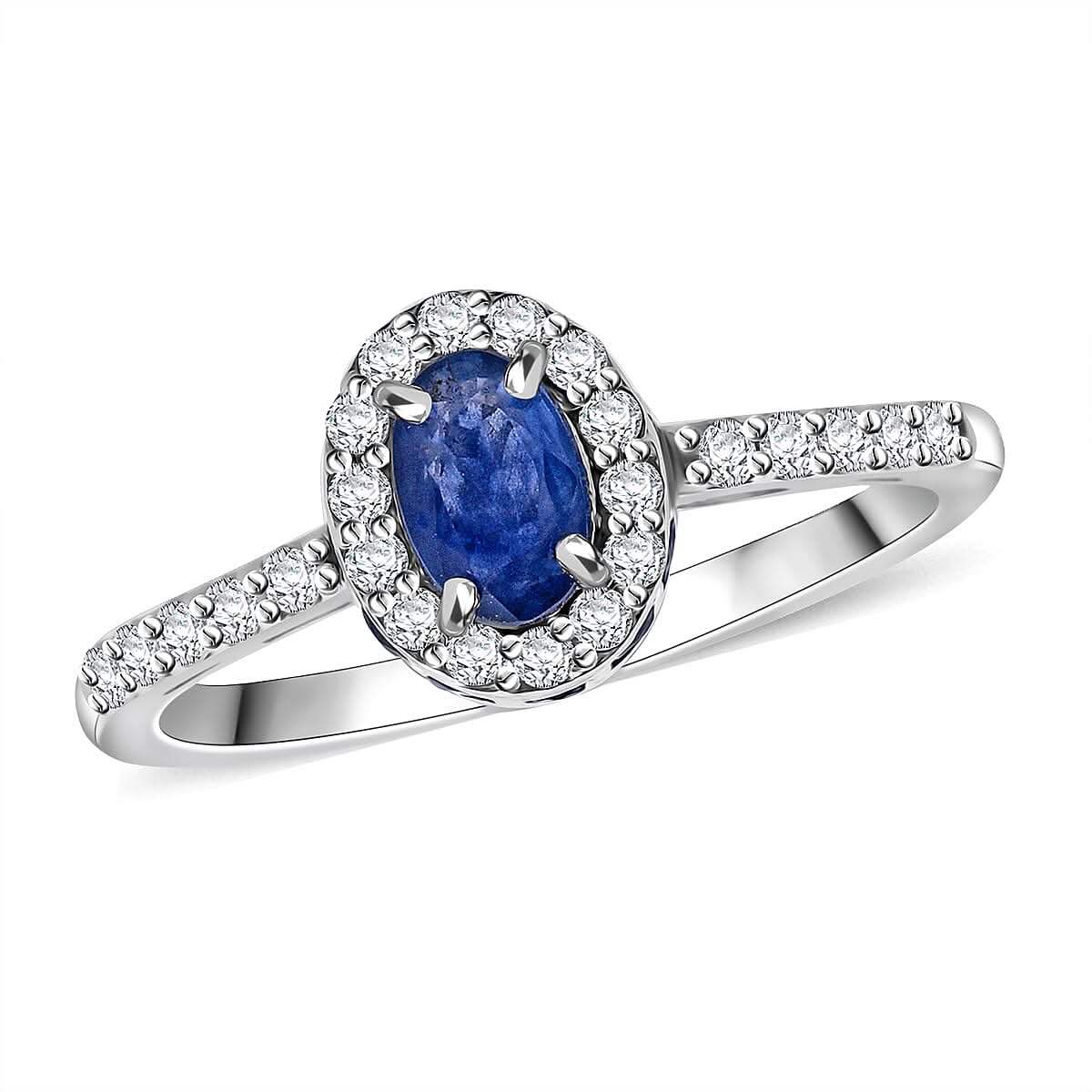 Premium Kanchanaburi Blue Sapphire, Moissanite Ring in Rhodium Over Sterling Silver (Size 10.0) 1.70 ctw