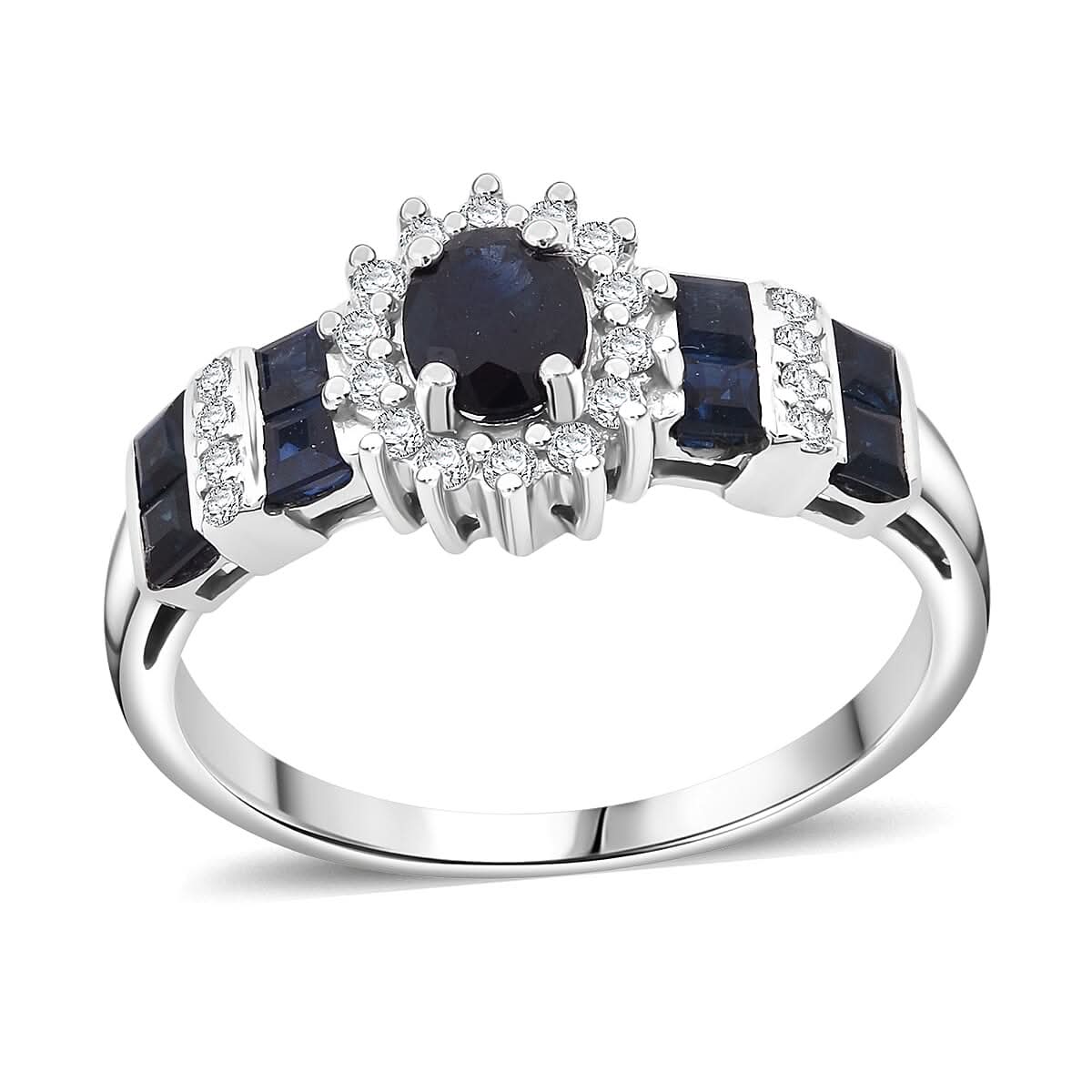 D'Joy Premium Kanchanaburi Blue Sapphire and Moissanite 1.30 ctw Art Deco Heirloom Ring in Rhodium Over Sterling Silver (Size 10.0)